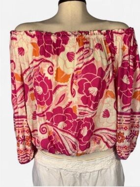NWT Nicole Miller New York Off-Shoulder Floral Peasant Blouse Pink Orange Medium